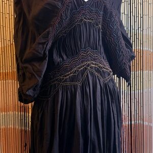 Free People Black Smocked Long-Sleeve Midi Dress with Multicolor Stitching